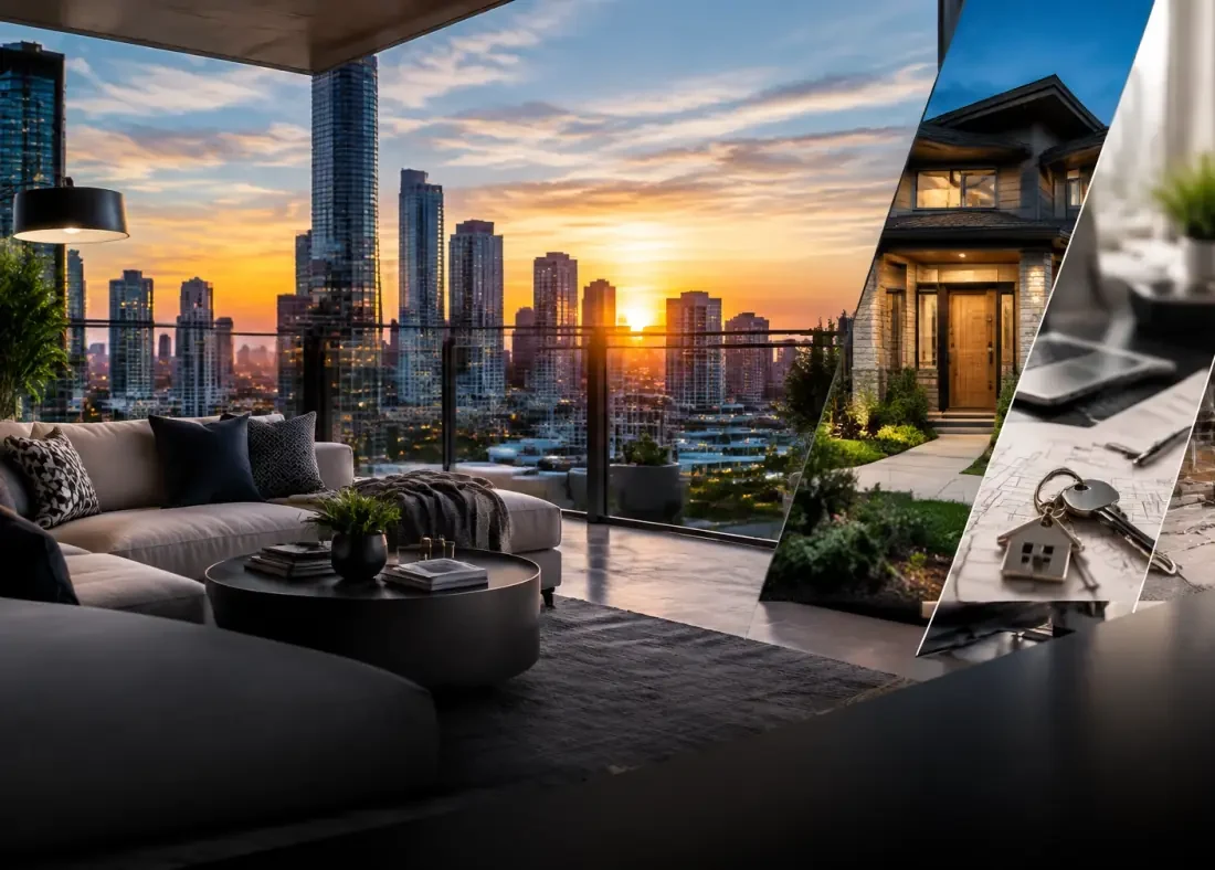 A city skyline and homes in a real estate collage